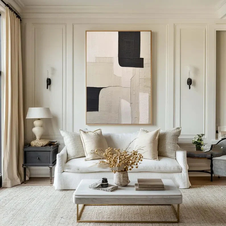 Modern Beige and Black Minimalist Oil Painting for Contemporary Home Decor