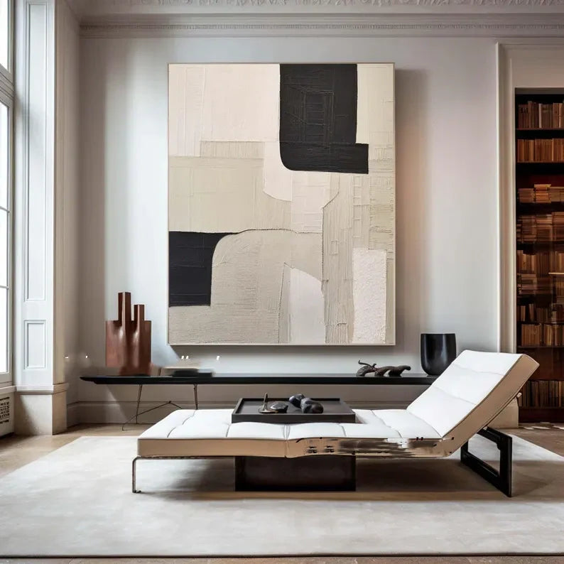 Modern Beige and Black Minimalist Oil Painting for Contemporary Home Decor