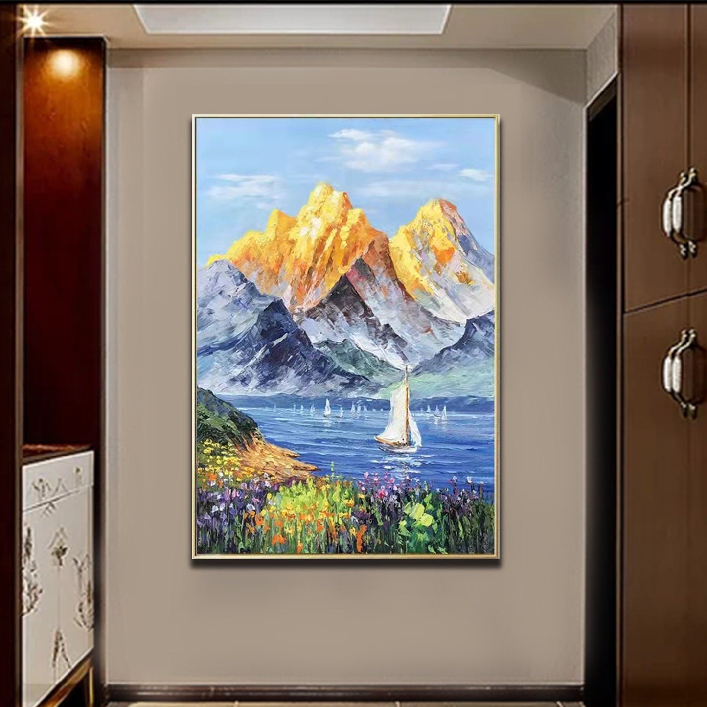 Majestic Golden Mountains with Serene Lake and Vibrant Flowers Oil Painting