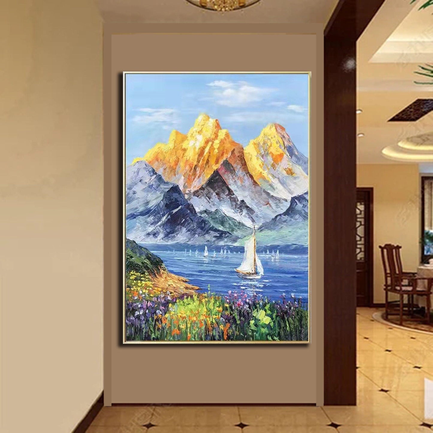 Majestic Golden Mountains with Serene Lake and Vibrant Flowers Oil Painting