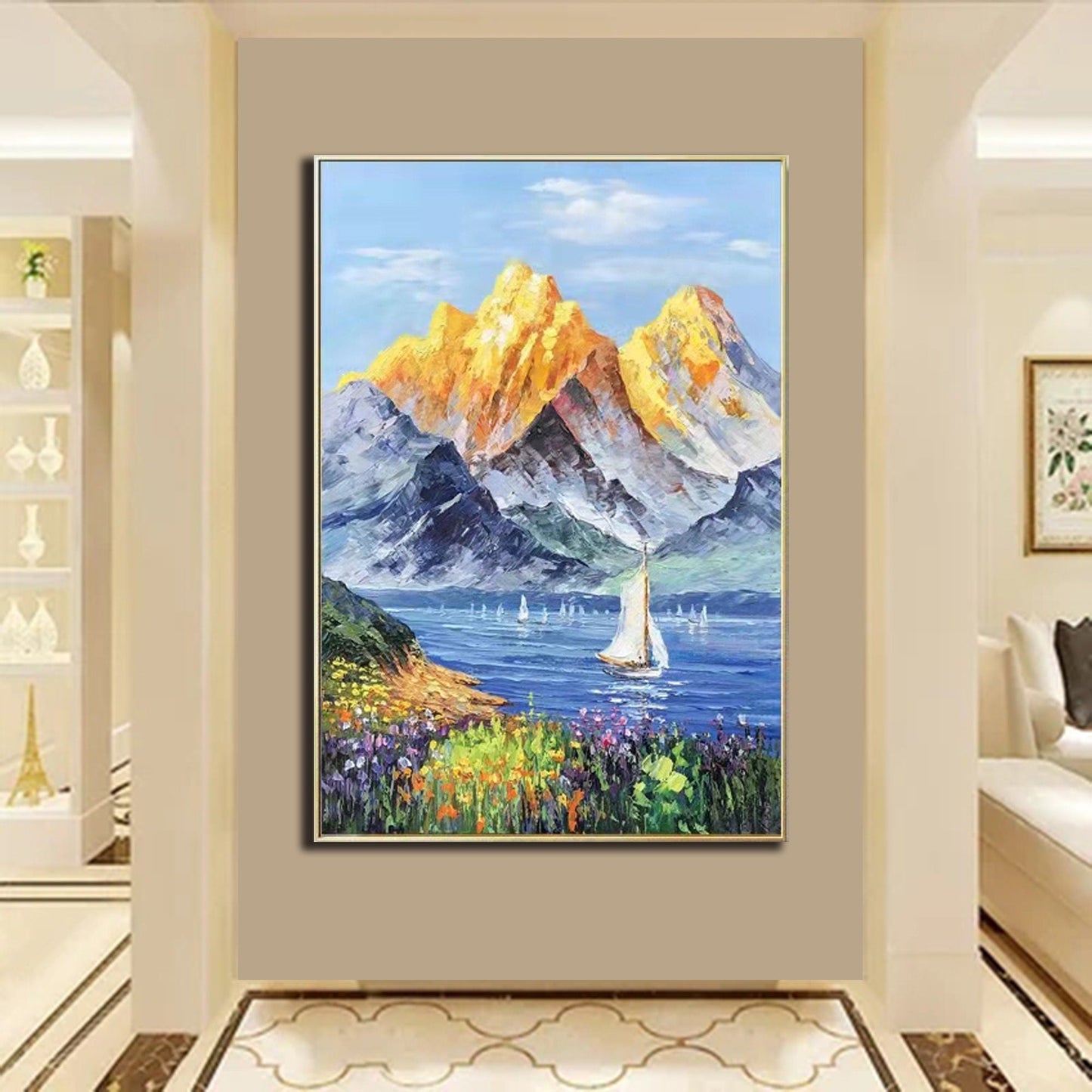 Majestic Golden Mountains with Serene Lake and Vibrant Flowers Oil Painting
