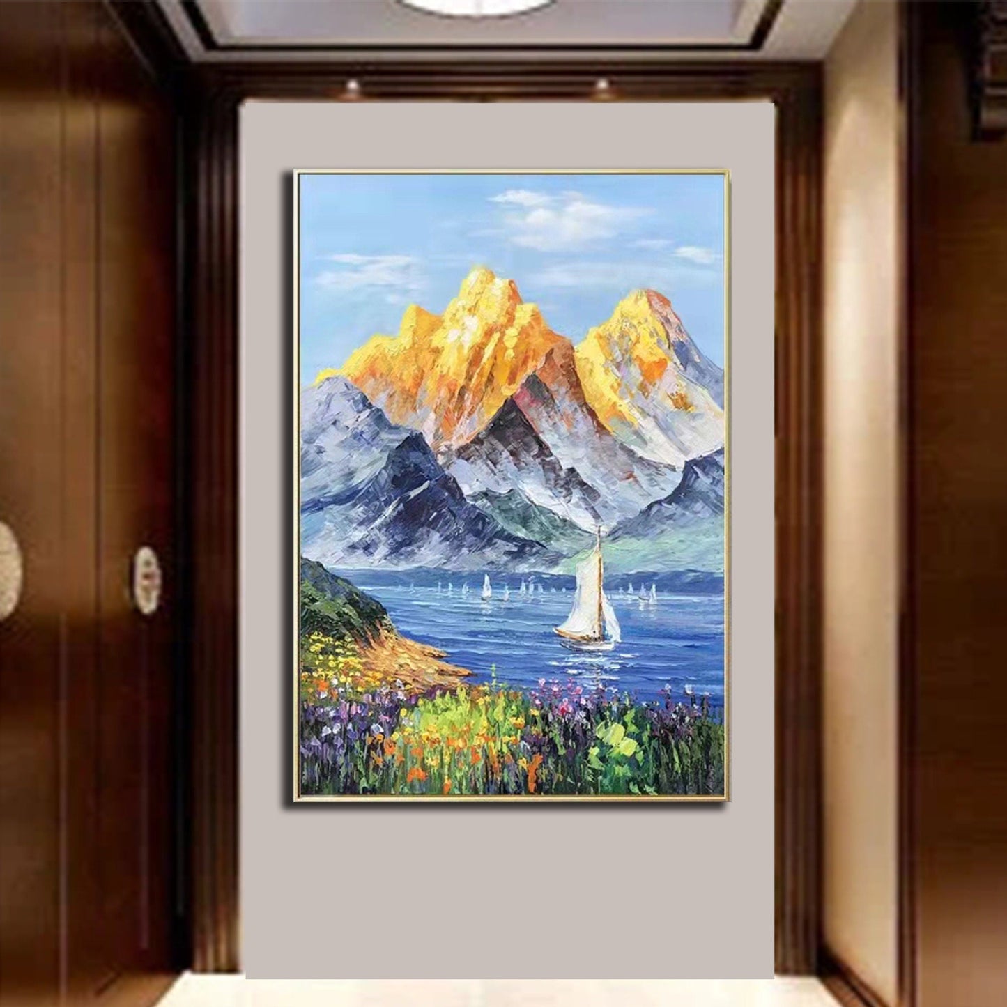 Majestic Golden Mountains with Serene Lake and Vibrant Flowers Oil Painting