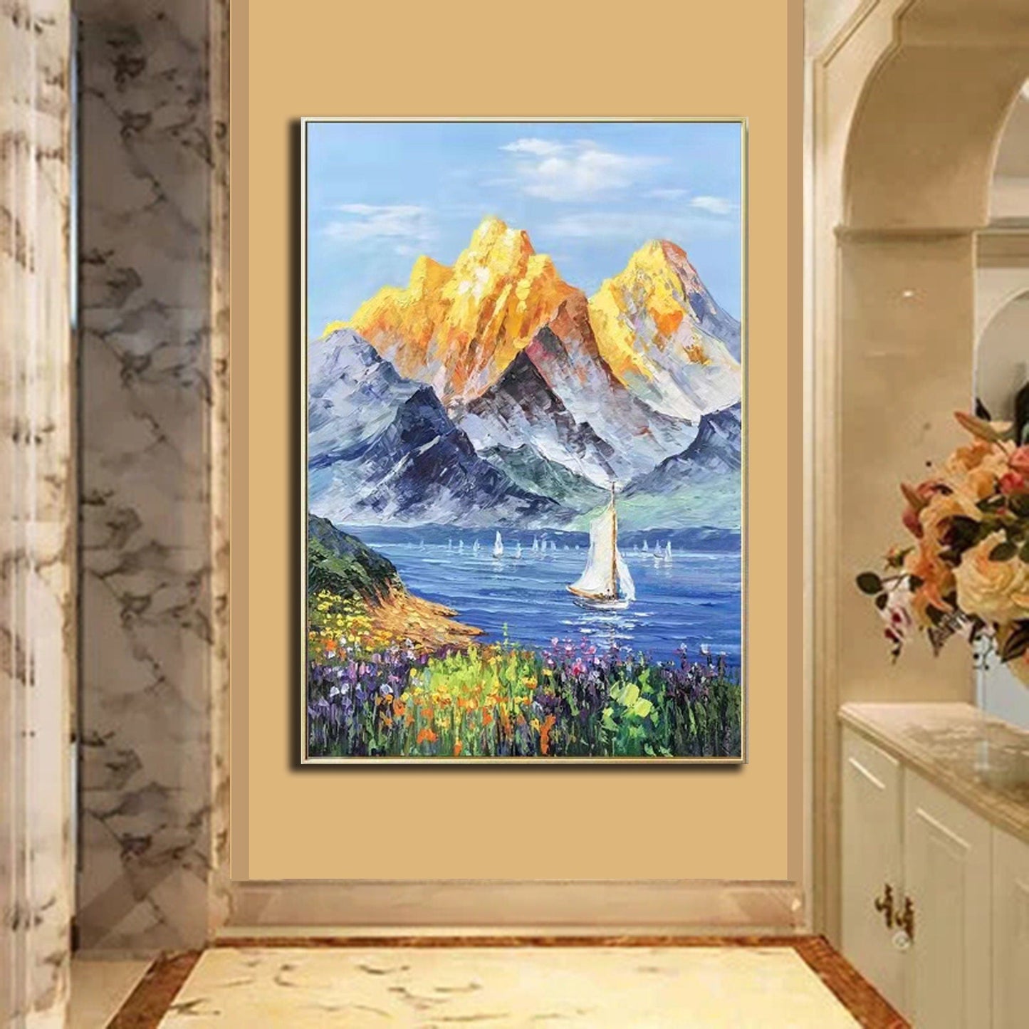 Majestic Golden Mountains with Serene Lake and Vibrant Flowers Oil Painting