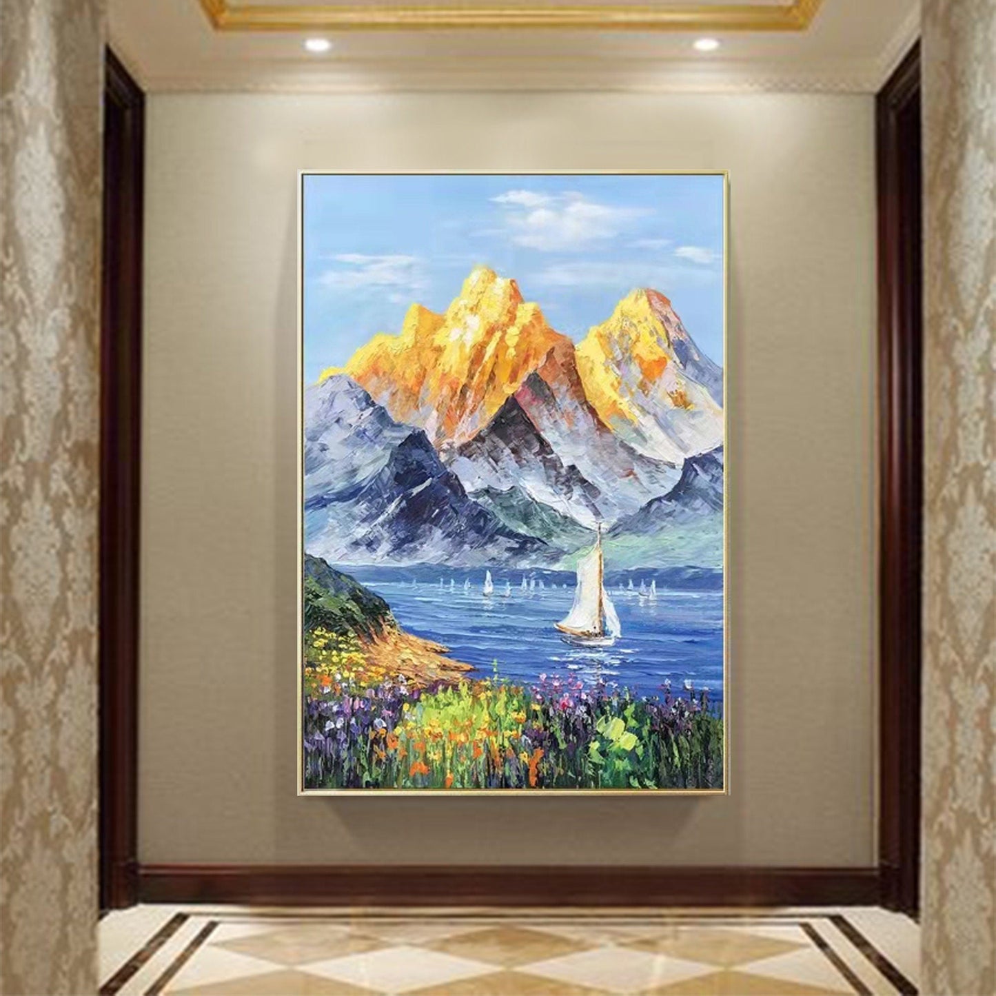 Majestic Golden Mountains with Serene Lake and Vibrant Flowers Oil Painting