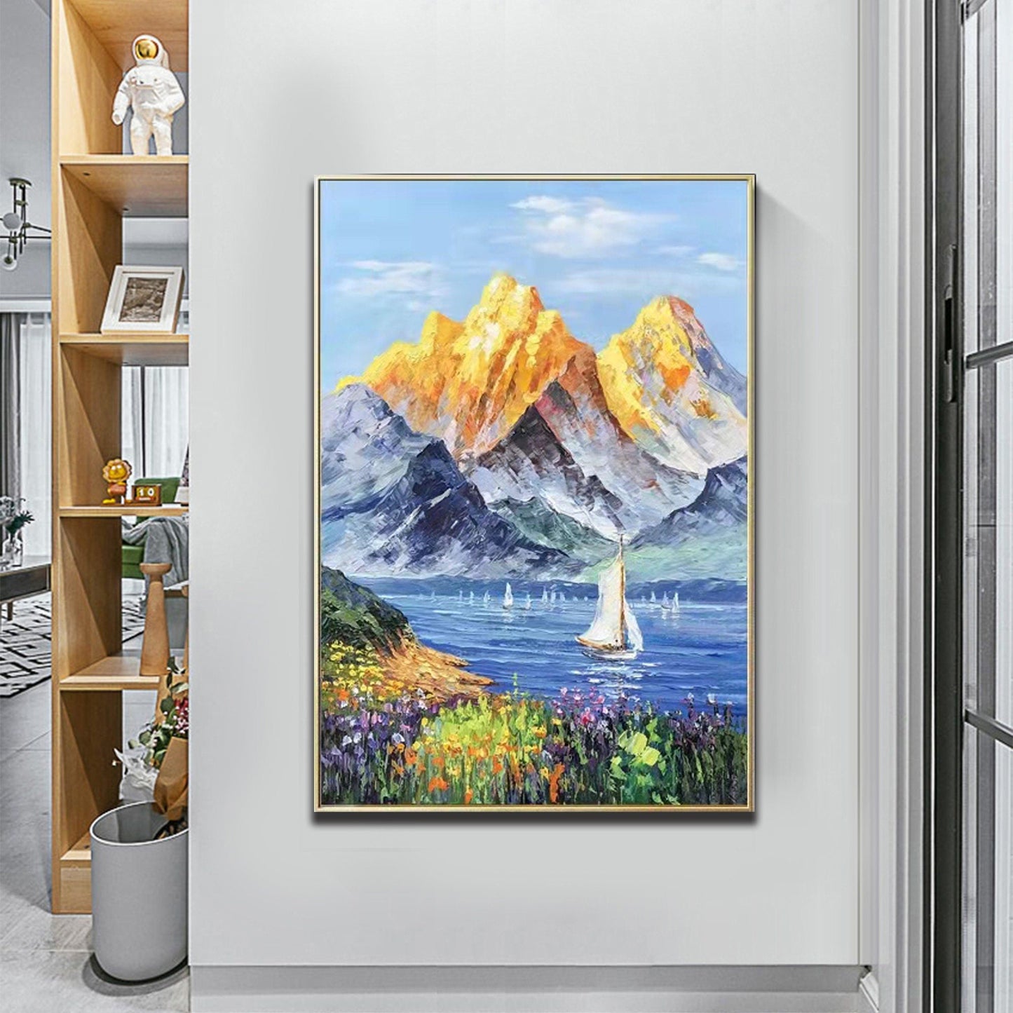 Majestic Golden Mountains with Serene Lake and Vibrant Flowers Oil Painting
