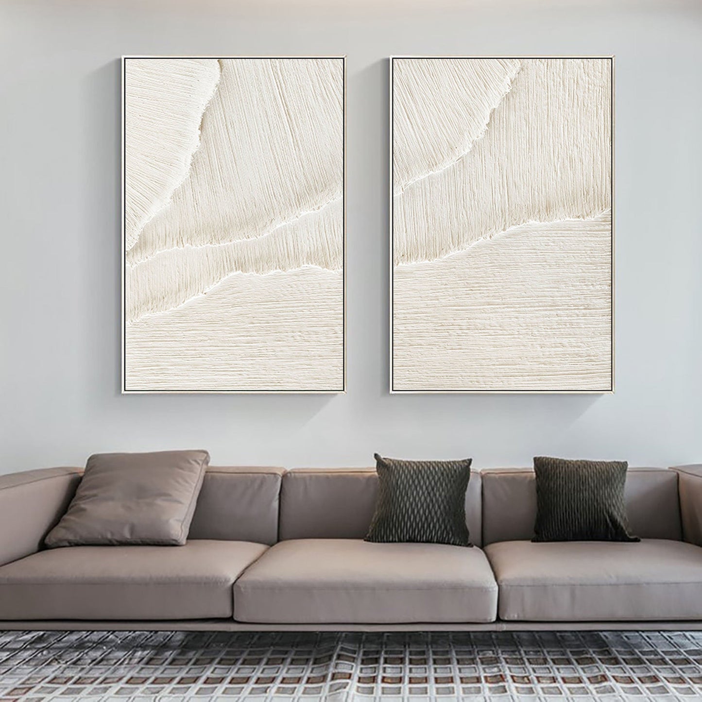 Elegant White Beige Minimalist Abstract Oil Paintings for Modern Decor