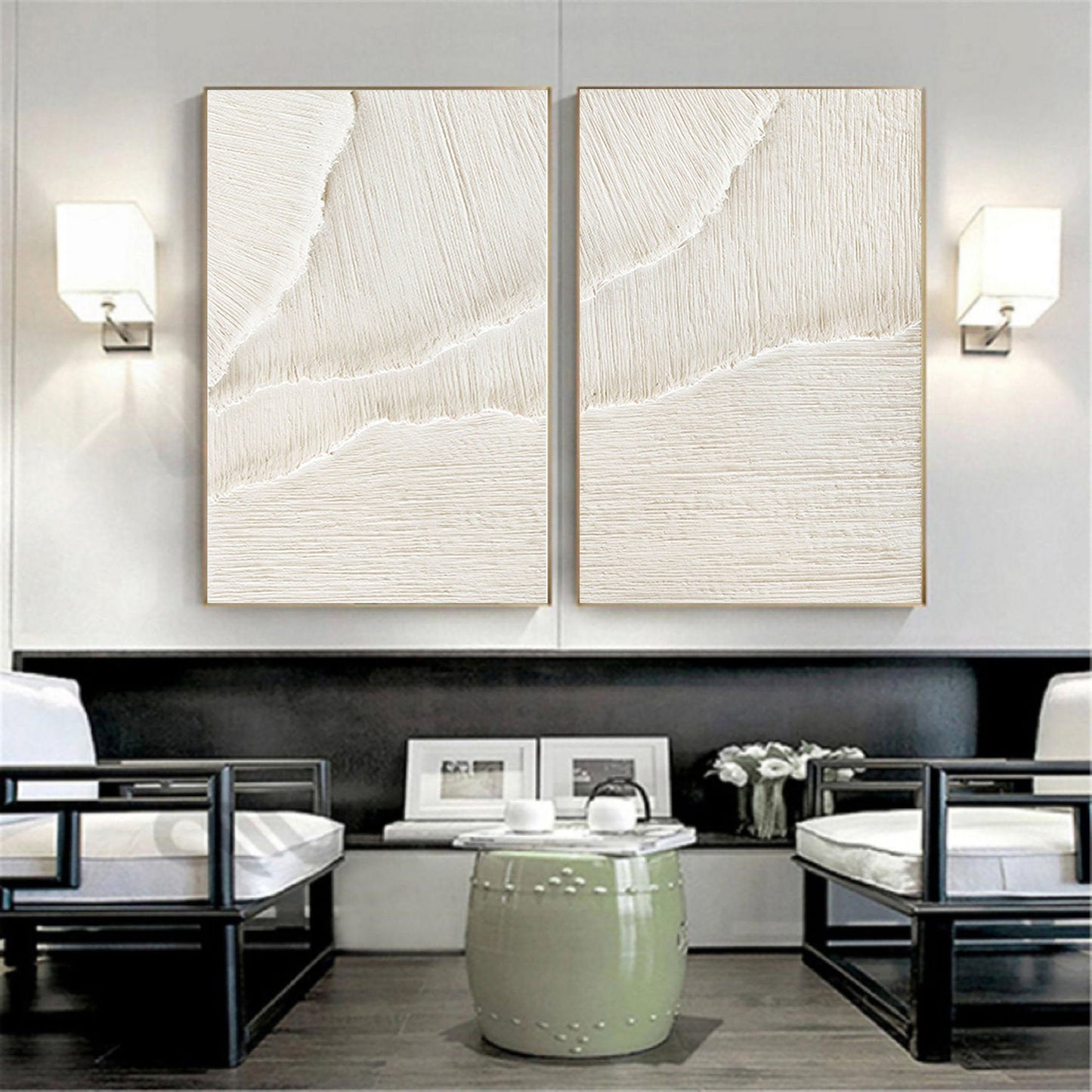 Elegant White Beige Minimalist Abstract Oil Paintings for Modern Decor