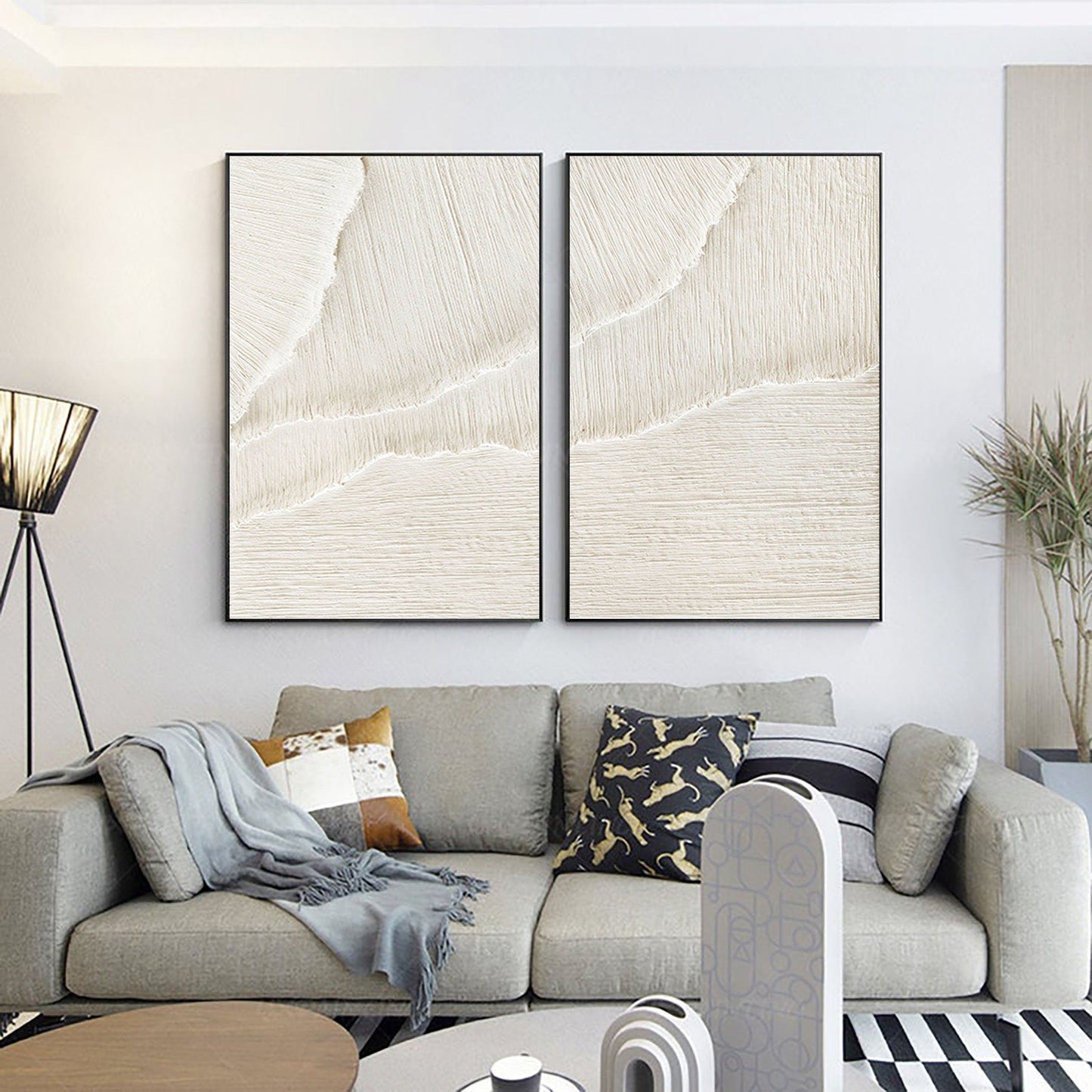 Elegant White Beige Minimalist Abstract Oil Paintings for Modern Decor