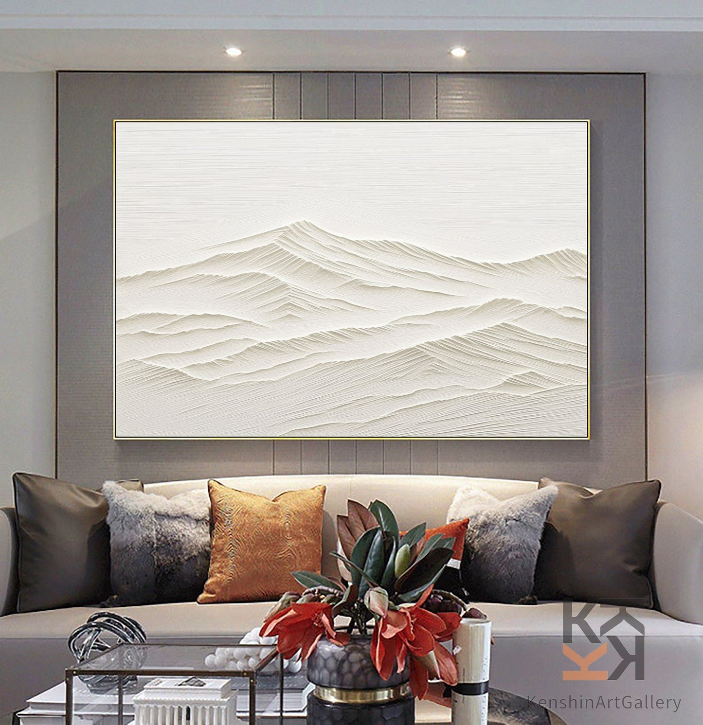 Elegant White Minimalist Abstract Landscape Oil Painting for Modern Home Decor