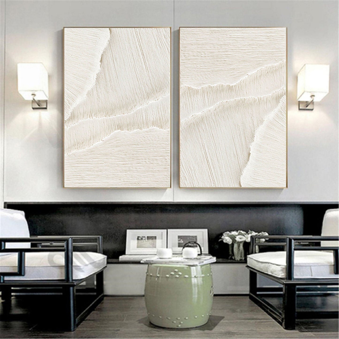 Contemporary White Beige Abstract Oil Painting Duo for Minimalist Interiors