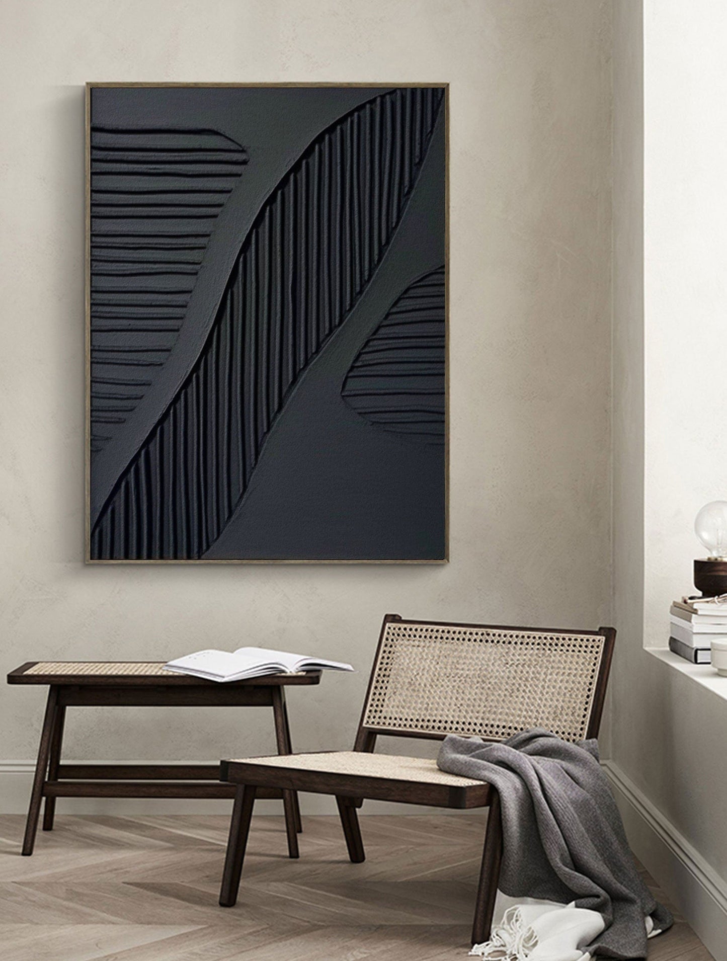 Contemporary Black and White Textured Abstract Oil Painting for Modern Decor