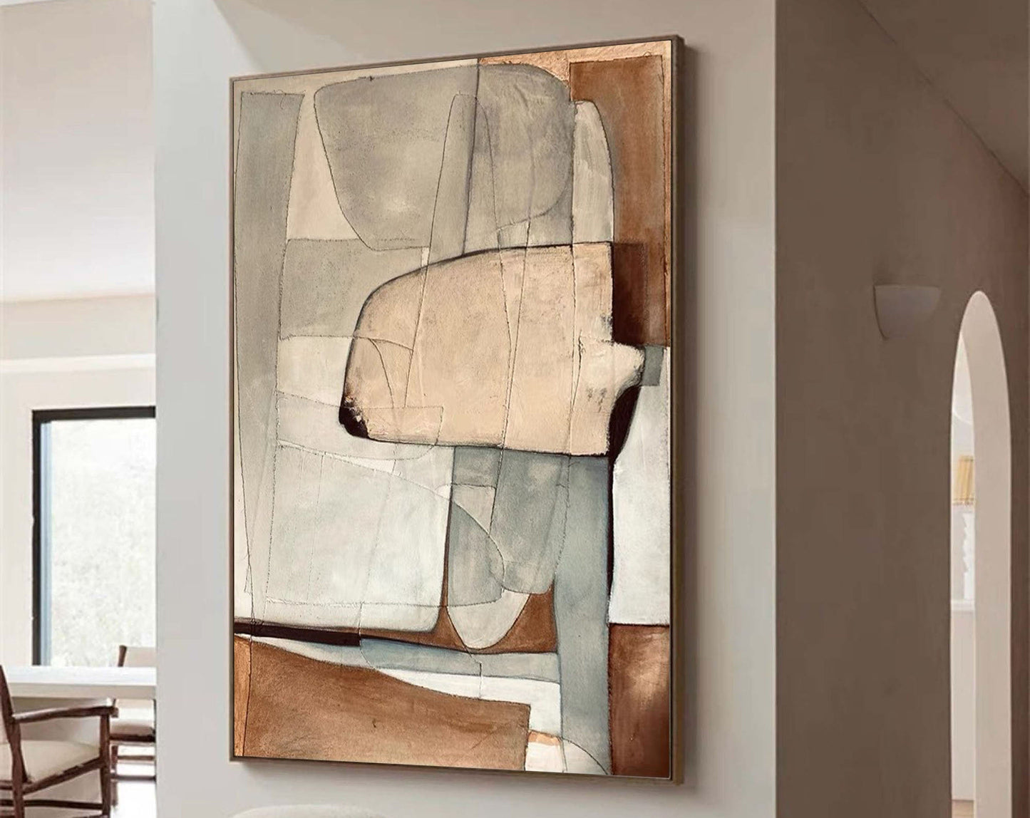 Contemporary Beige and Brown Abstract Oil Painting for Modern Home Decor