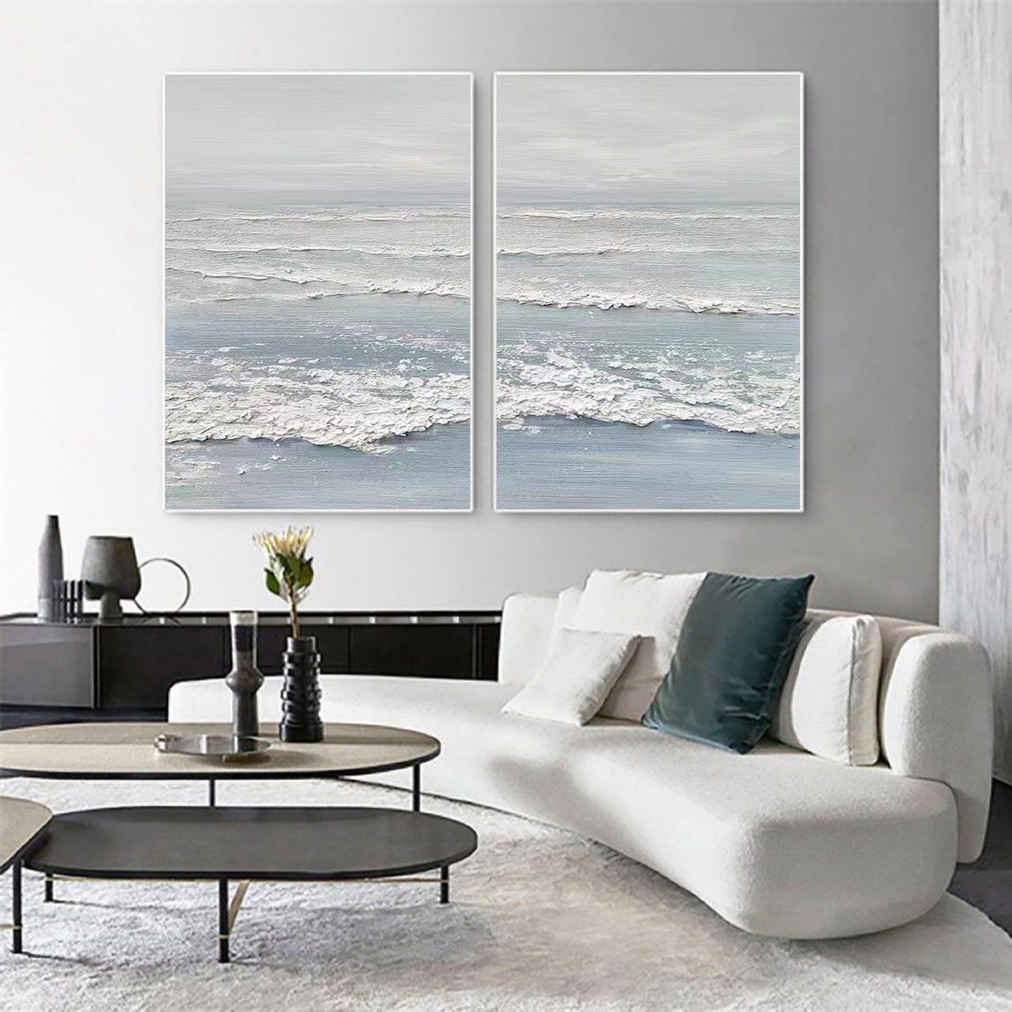 Tranquil Ocean Waves Diptych Oil Paintings for Serene Home Décor