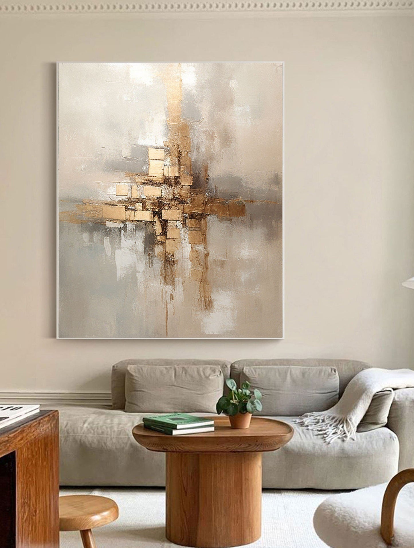 Elegant Grey and Gold Abstract Minimalist Oil Painting for Modern Home Decor