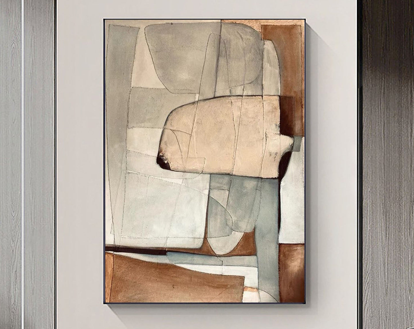 Contemporary Beige and Brown Abstract Oil Painting for Modern Home Decor