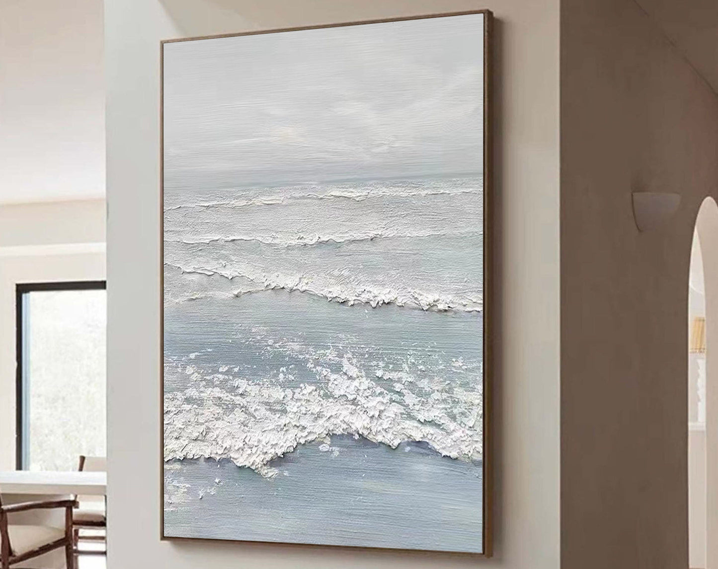 Serene White Abstract Ocean Wave Painting for Modern Home Decor