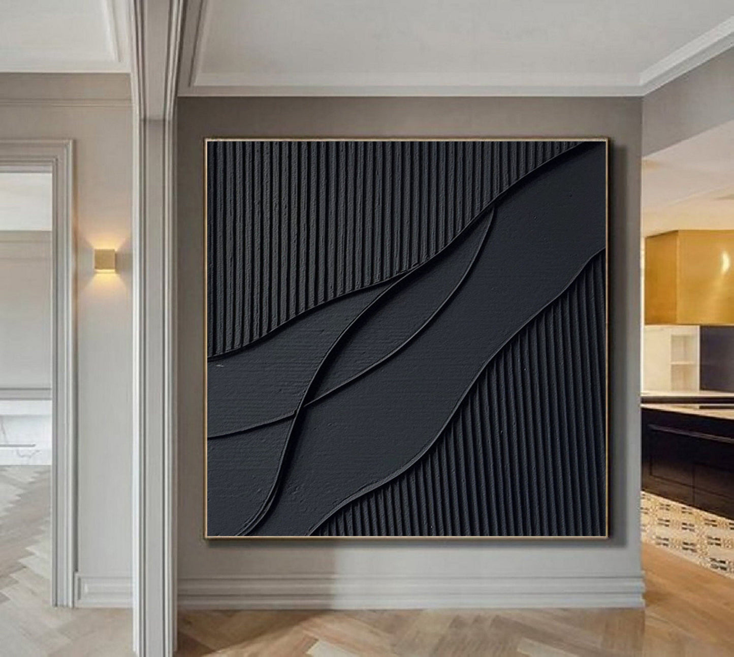 Elegant Black Waves Abstract Oil Painting for Modern Home Decor