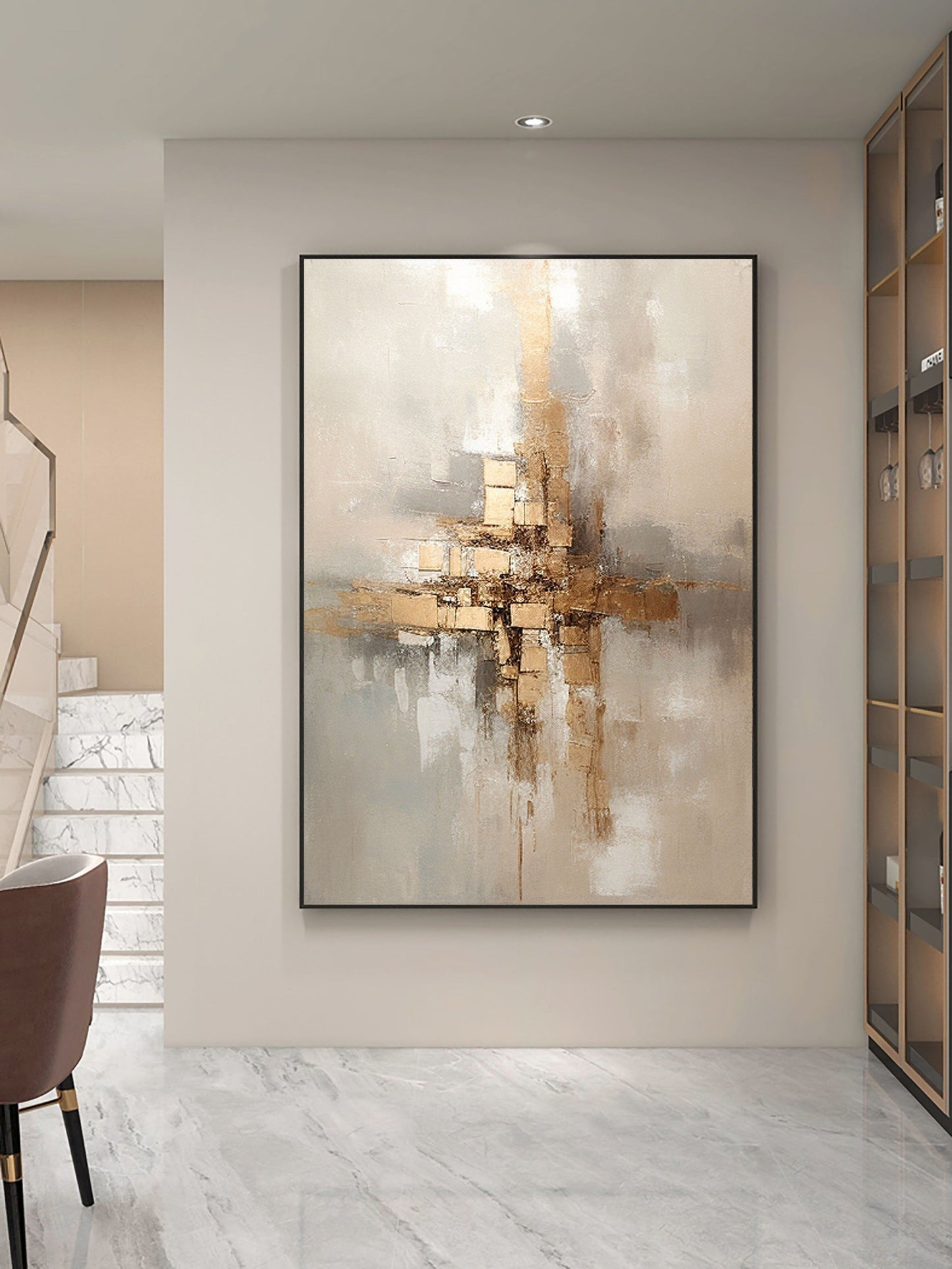 Elegant Grey and Gold Abstract Minimalist Oil Painting for Modern Home Decor