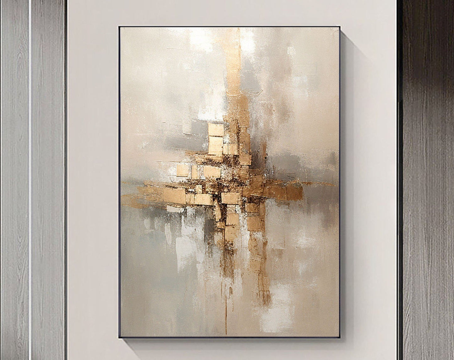 Elegant Grey and Gold Abstract Minimalist Oil Painting for Modern Home Decor