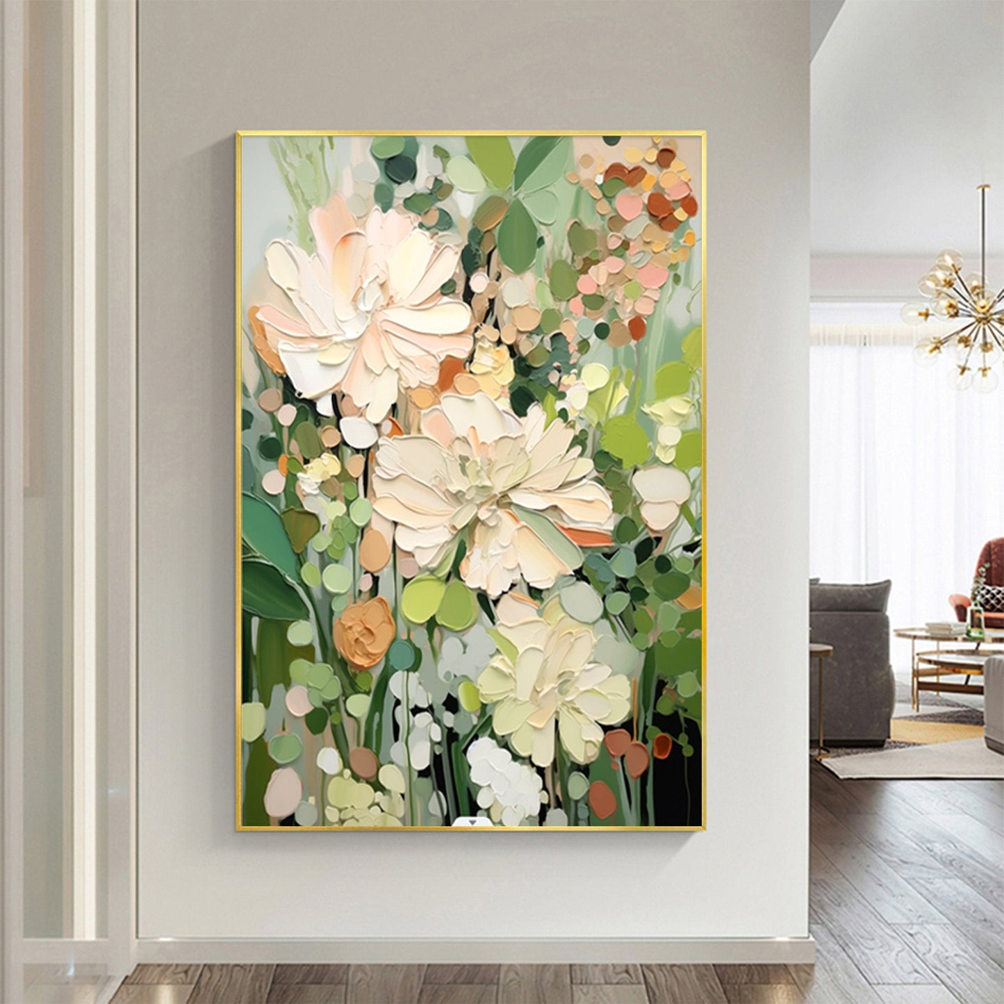Serene Floral Abstract Oil Painting in Soft Pastels and Greens for Home Decor