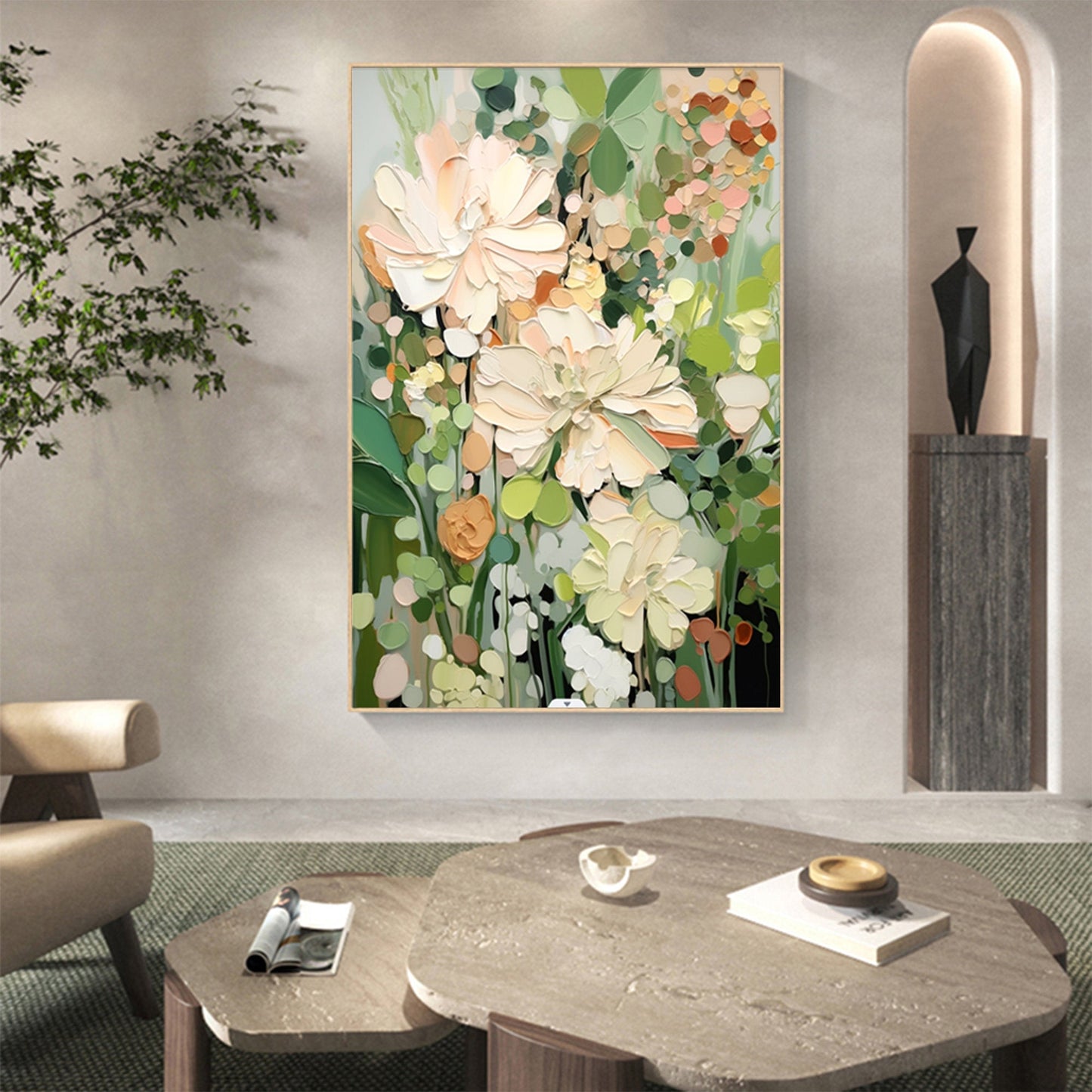 Serene Floral Abstract Oil Painting in Soft Pastels and Greens for Home Decor