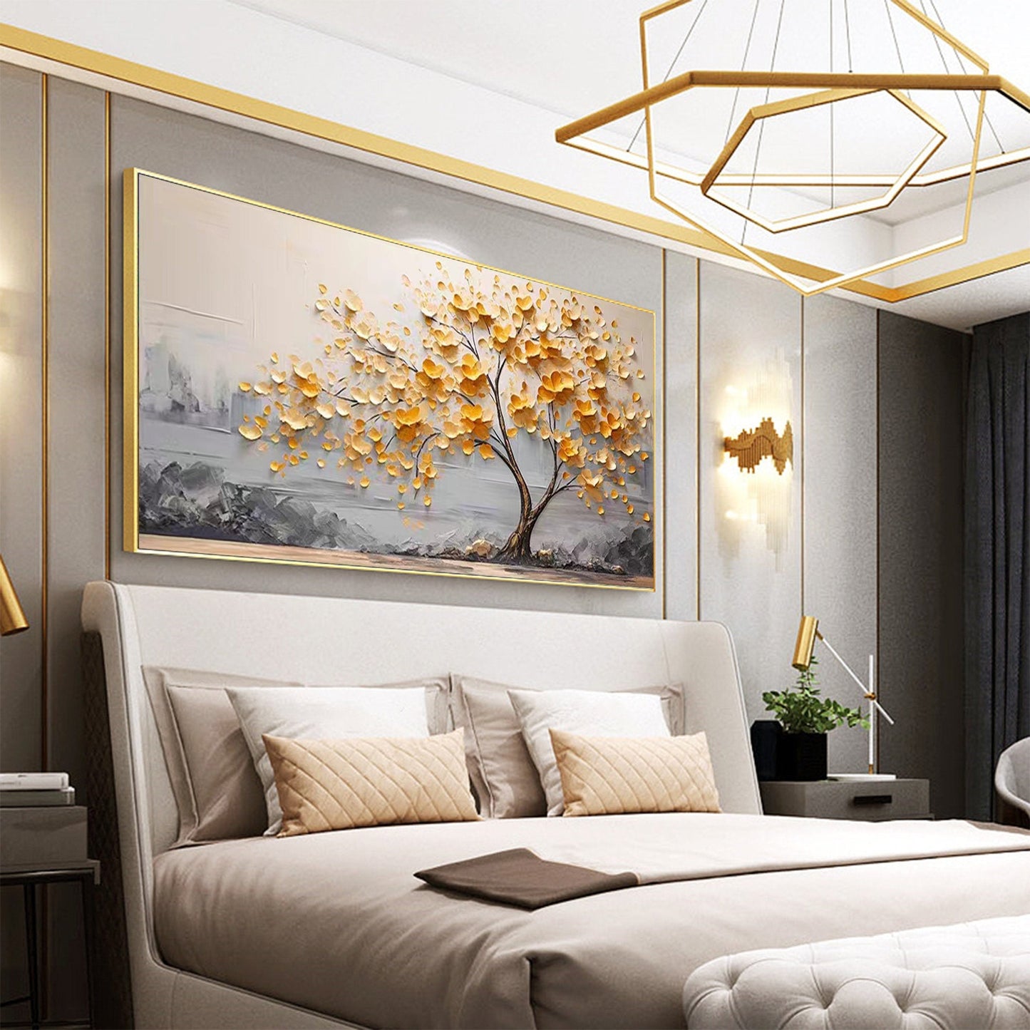 Golden Autumn Tree Oil Painting - Modern Minimalist Abstract Wall Art for Home Decor