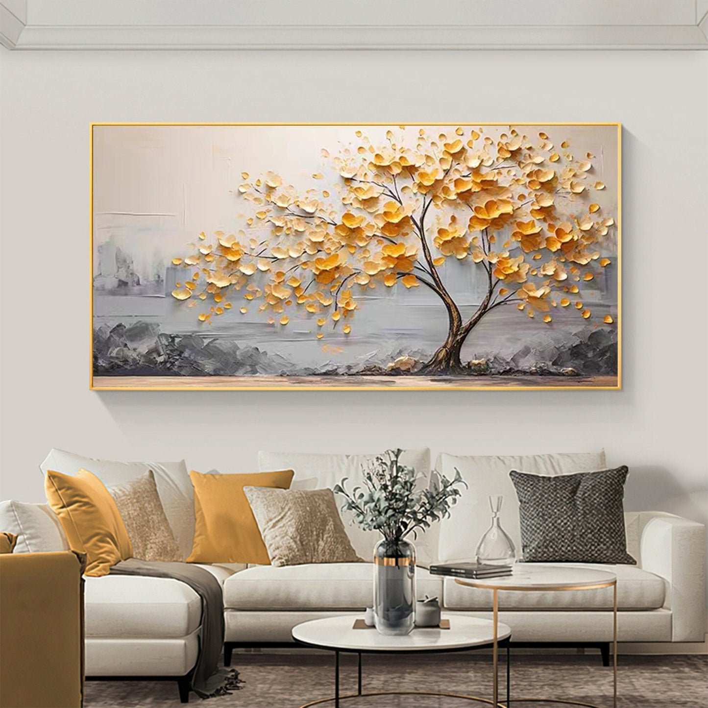 Golden Autumn Tree Oil Painting - Modern Minimalist Abstract Wall Art for Home Decor