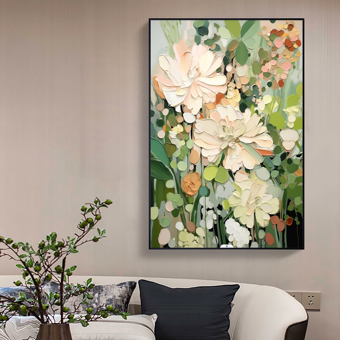 Serene Floral Abstract Oil Painting in Soft Pastels and Greens for Home Decor