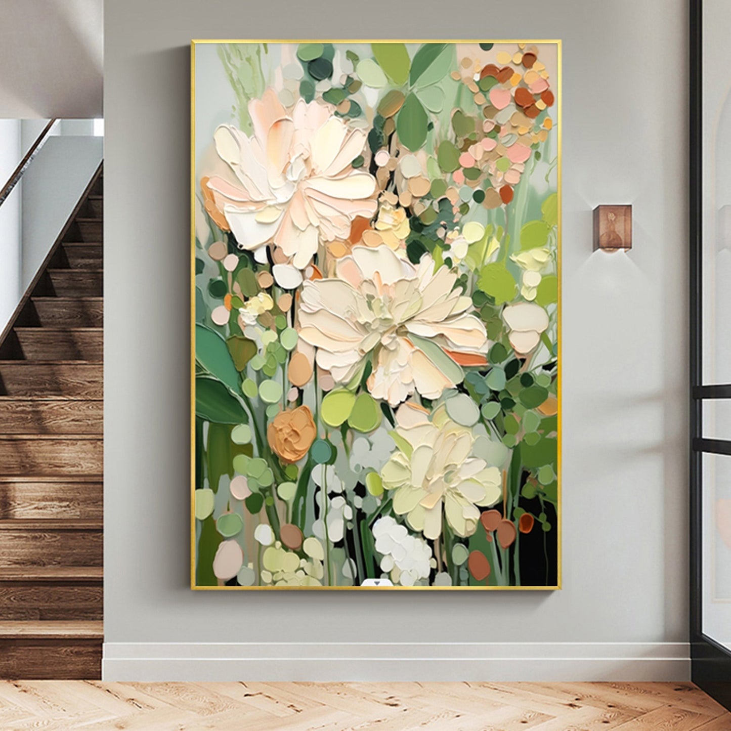 Serene Floral Abstract Oil Painting in Soft Pastels and Greens for Home Decor