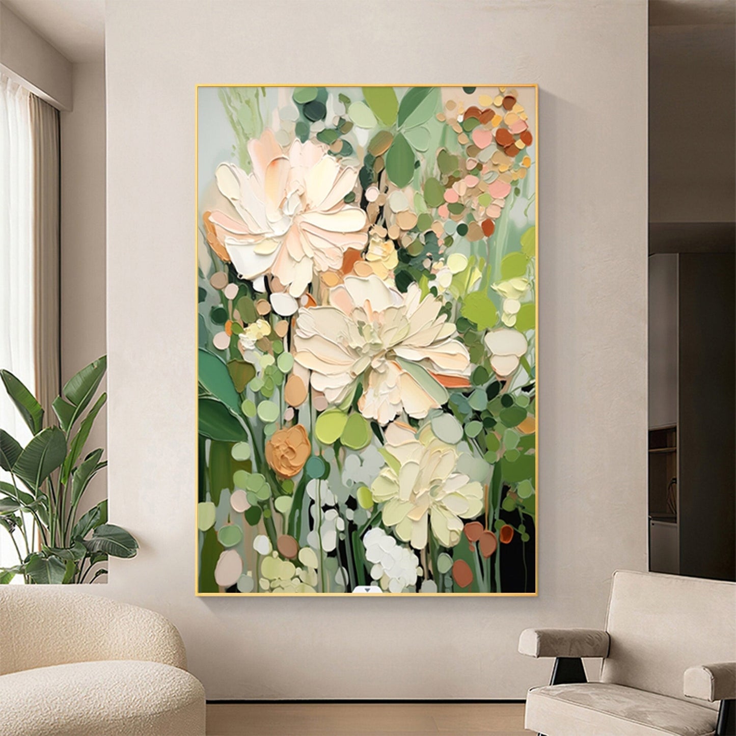 Serene Floral Abstract Oil Painting in Soft Pastels and Greens for Home Decor
