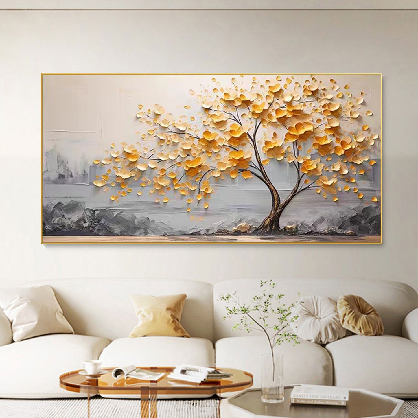 Golden Autumn Tree Oil Painting - Modern Minimalist Abstract Wall Art for Home Decor