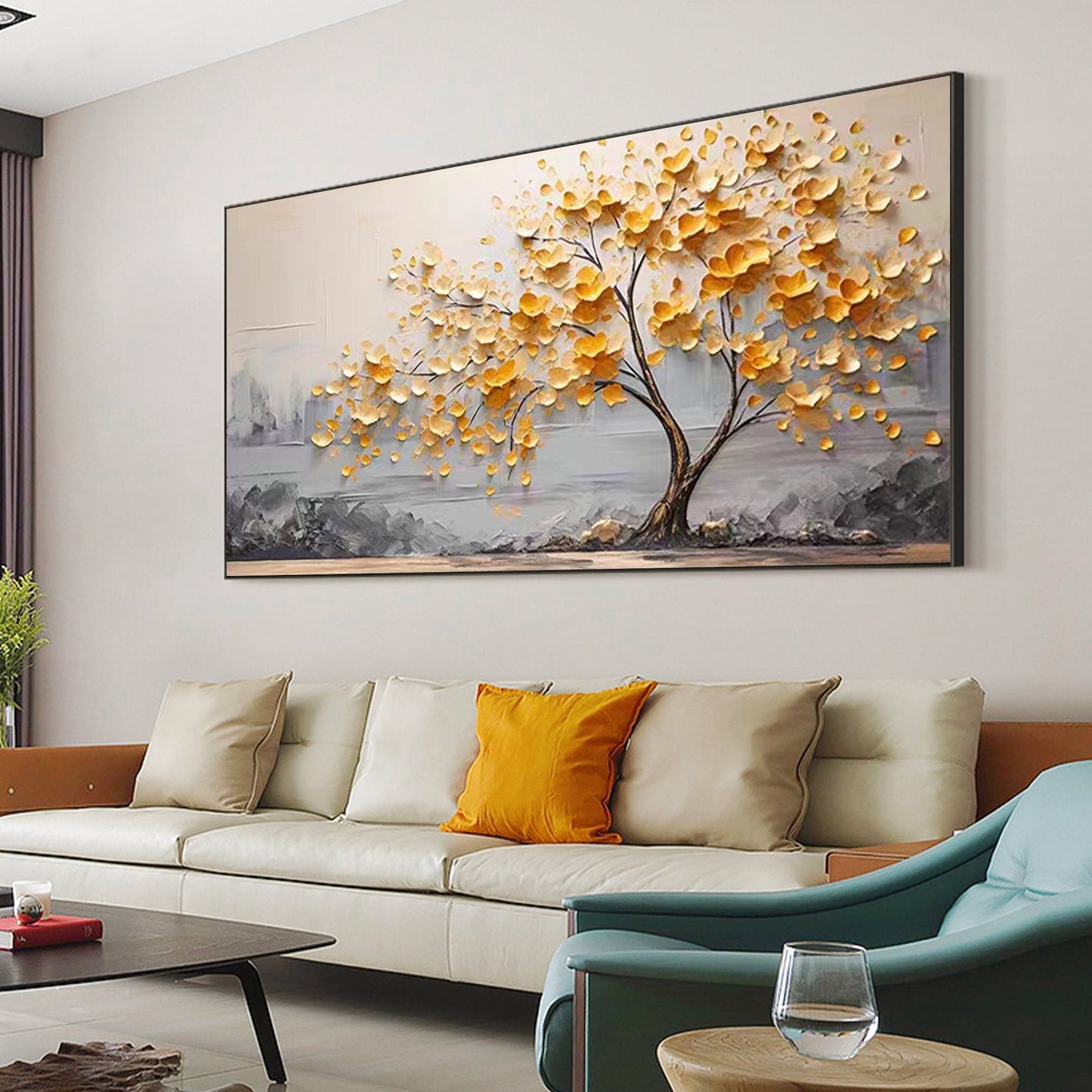Golden Autumn Tree Oil Painting - Modern Minimalist Abstract Wall Art for Home Decor