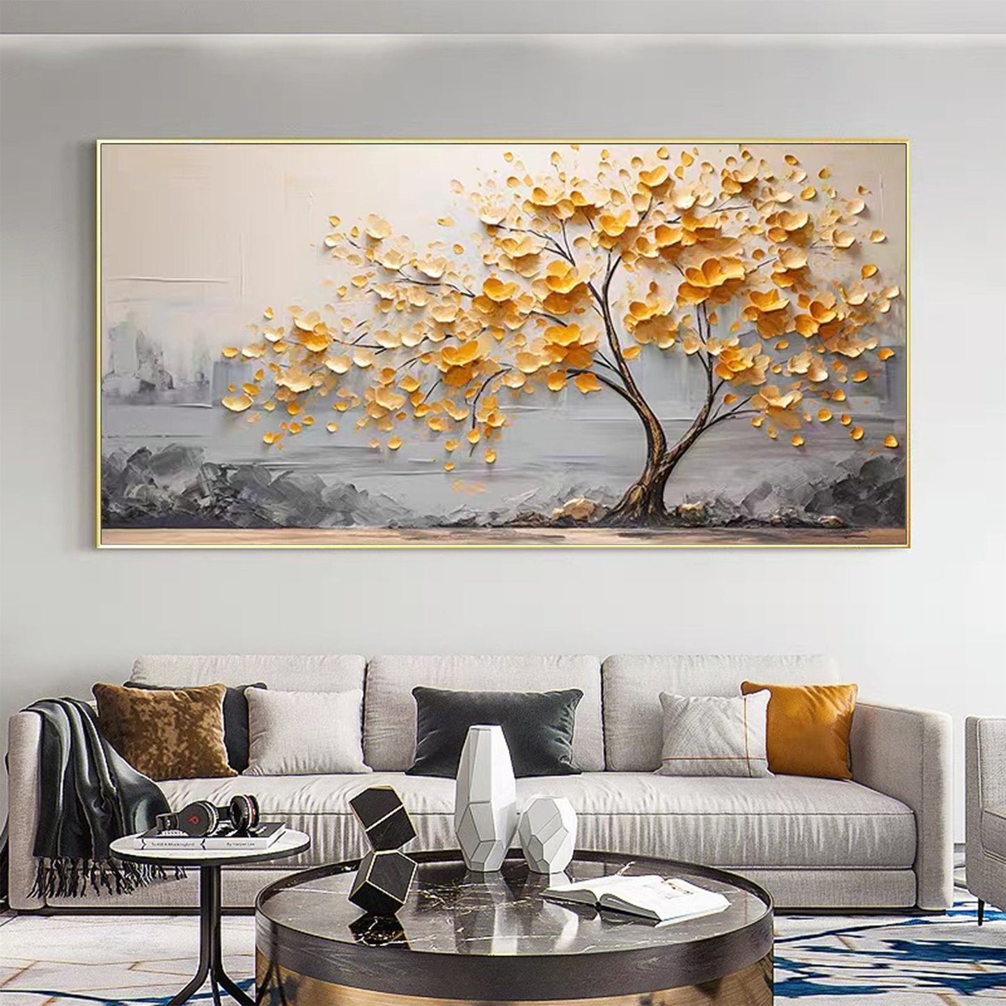Golden Autumn Tree Oil Painting - Modern Minimalist Abstract Wall Art for Home Decor