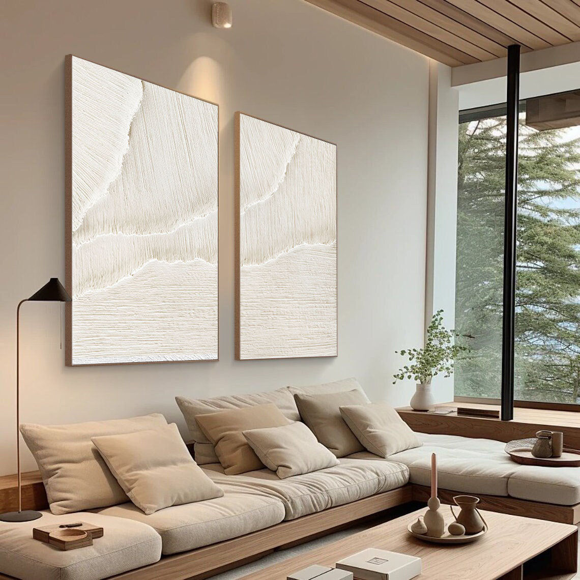 Contemporary White Beige Abstract Oil Painting Duo for Minimalist Interiors