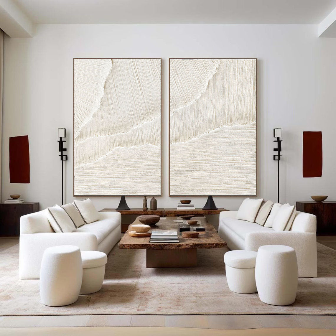 Contemporary White Beige Abstract Oil Painting Duo for Minimalist Interiors