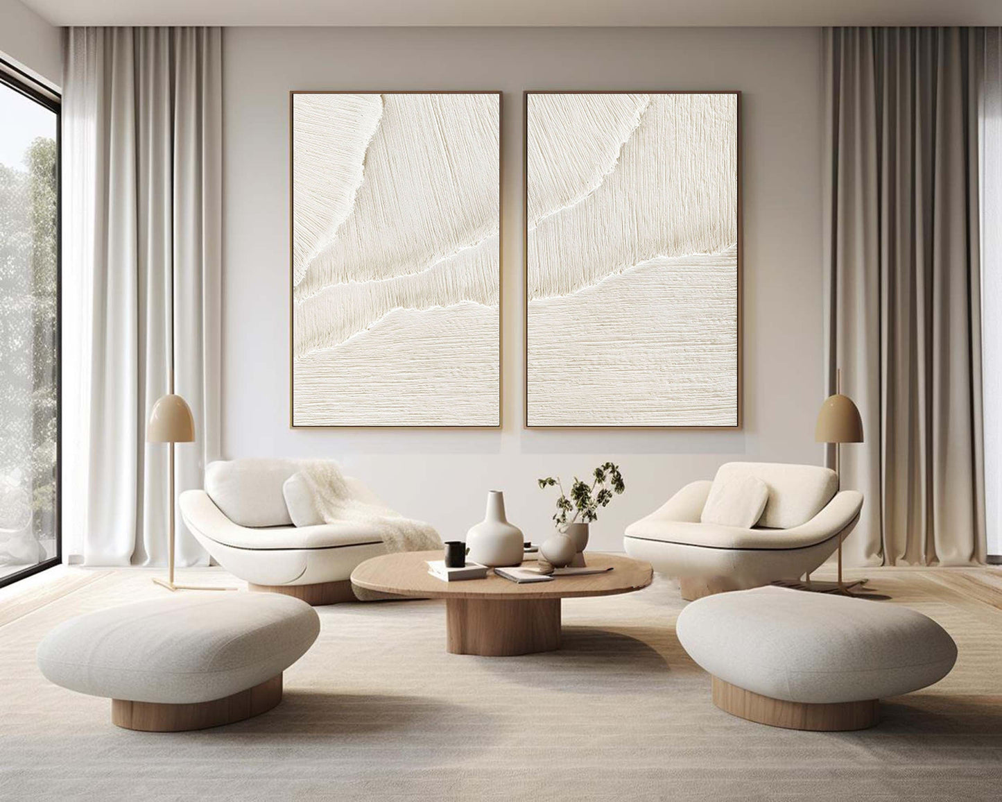 Contemporary White Beige Abstract Oil Painting Duo for Minimalist Interiors
