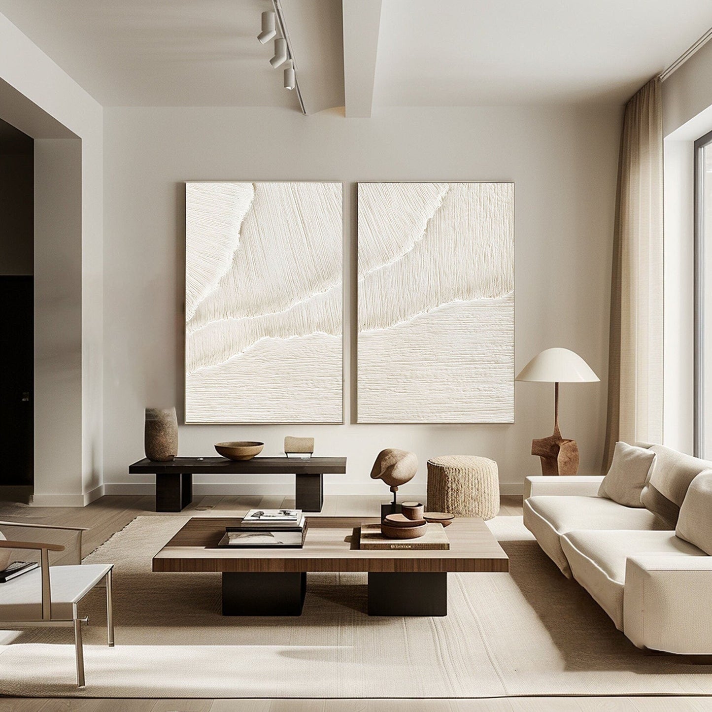 Contemporary White Beige Abstract Oil Painting Duo for Minimalist Interiors