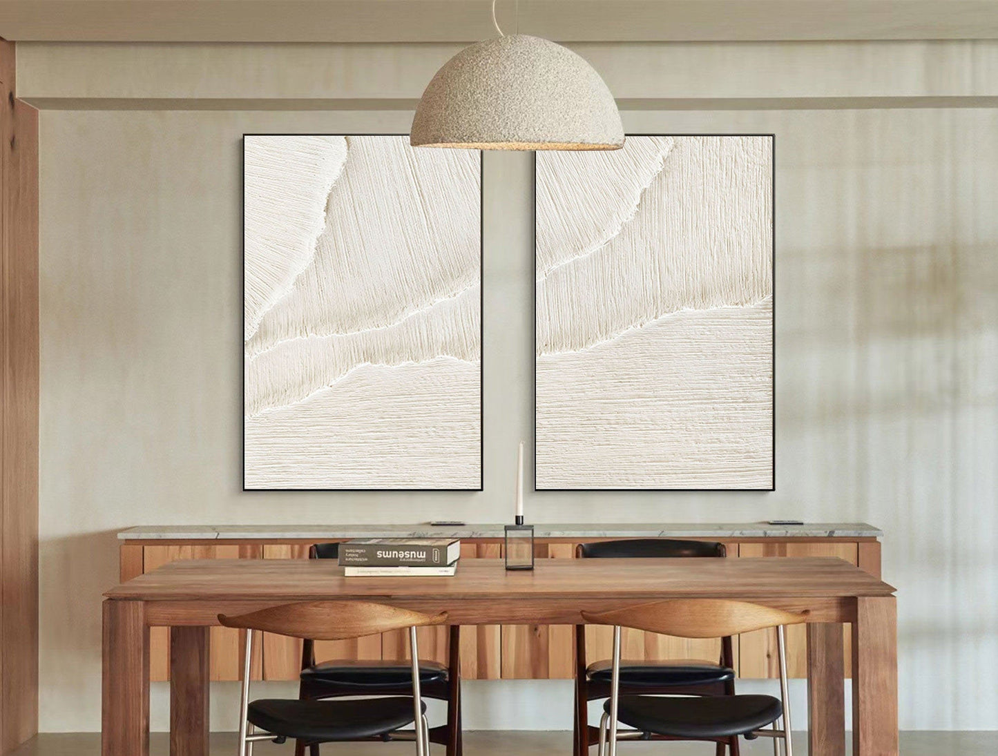 Contemporary White Beige Abstract Oil Painting Duo for Minimalist Interiors