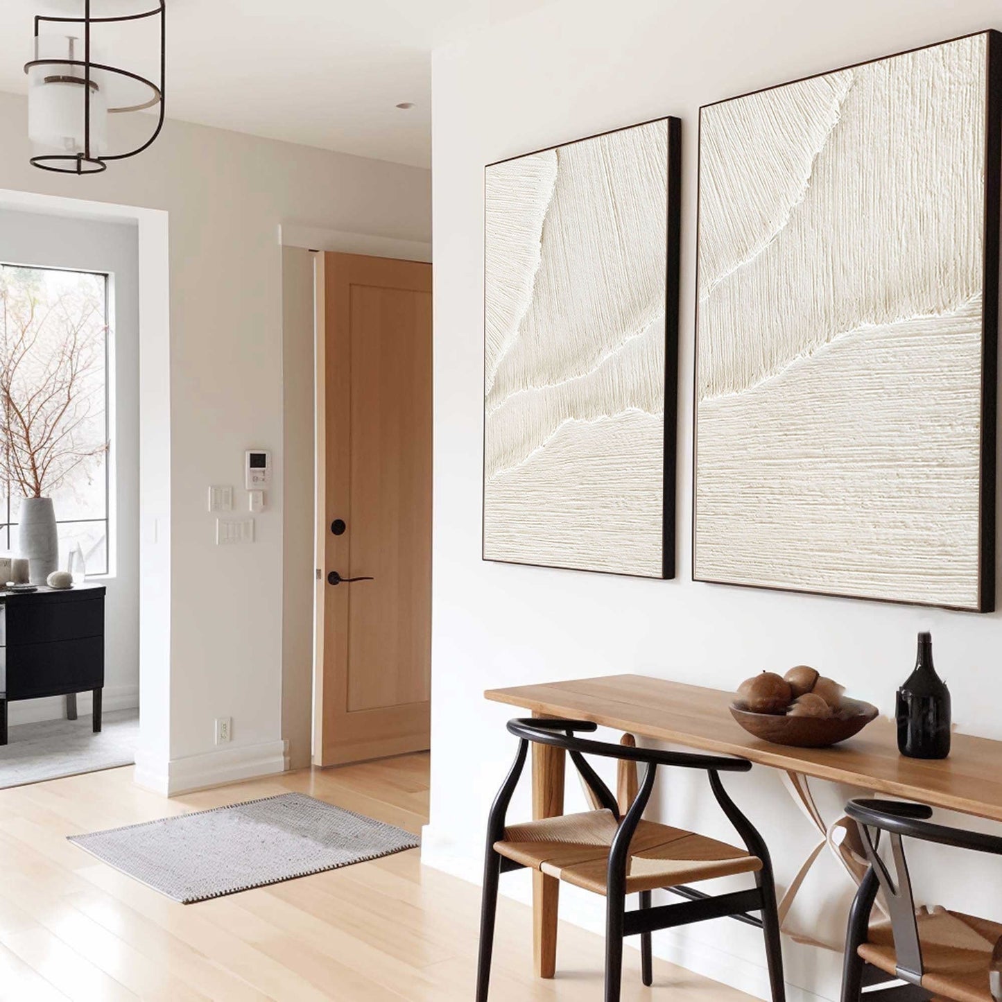 Contemporary White Beige Abstract Oil Painting Duo for Minimalist Interiors