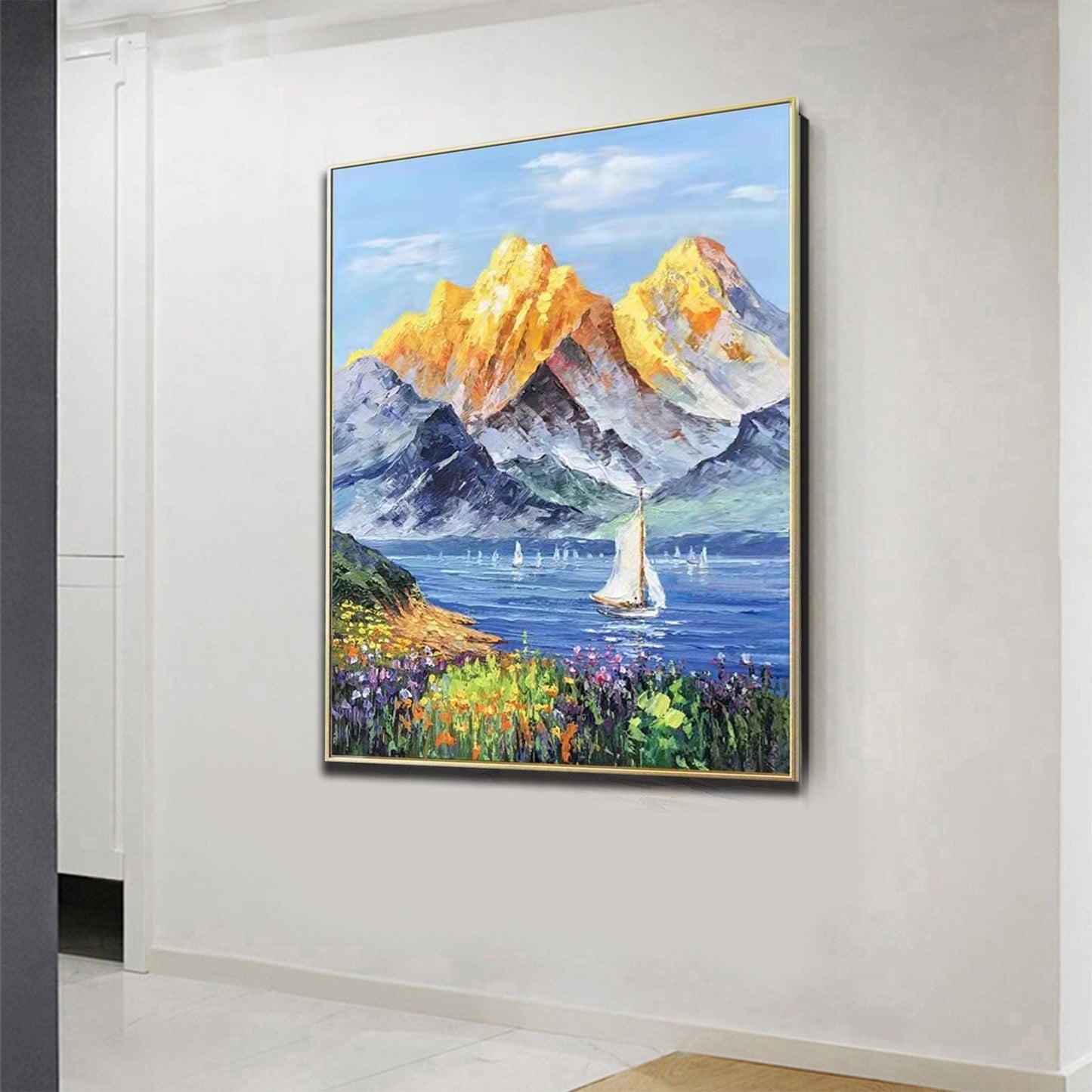 Majestic Golden Mountains with Serene Lake and Vibrant Flowers Oil Painting