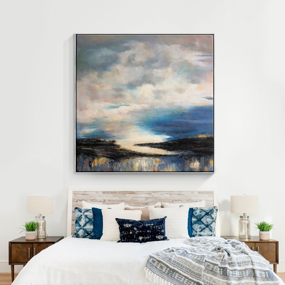 Serene Horizon: Abstract Oil Painting of Sky and Water Blending