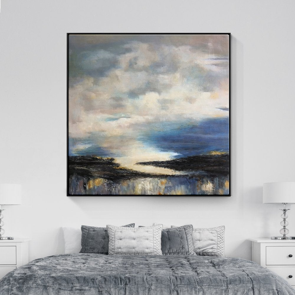 Serene Horizon: Abstract Oil Painting of Sky and Water Blending