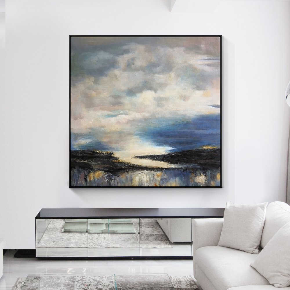 Serene Horizon: Abstract Oil Painting of Sky and Water Blending