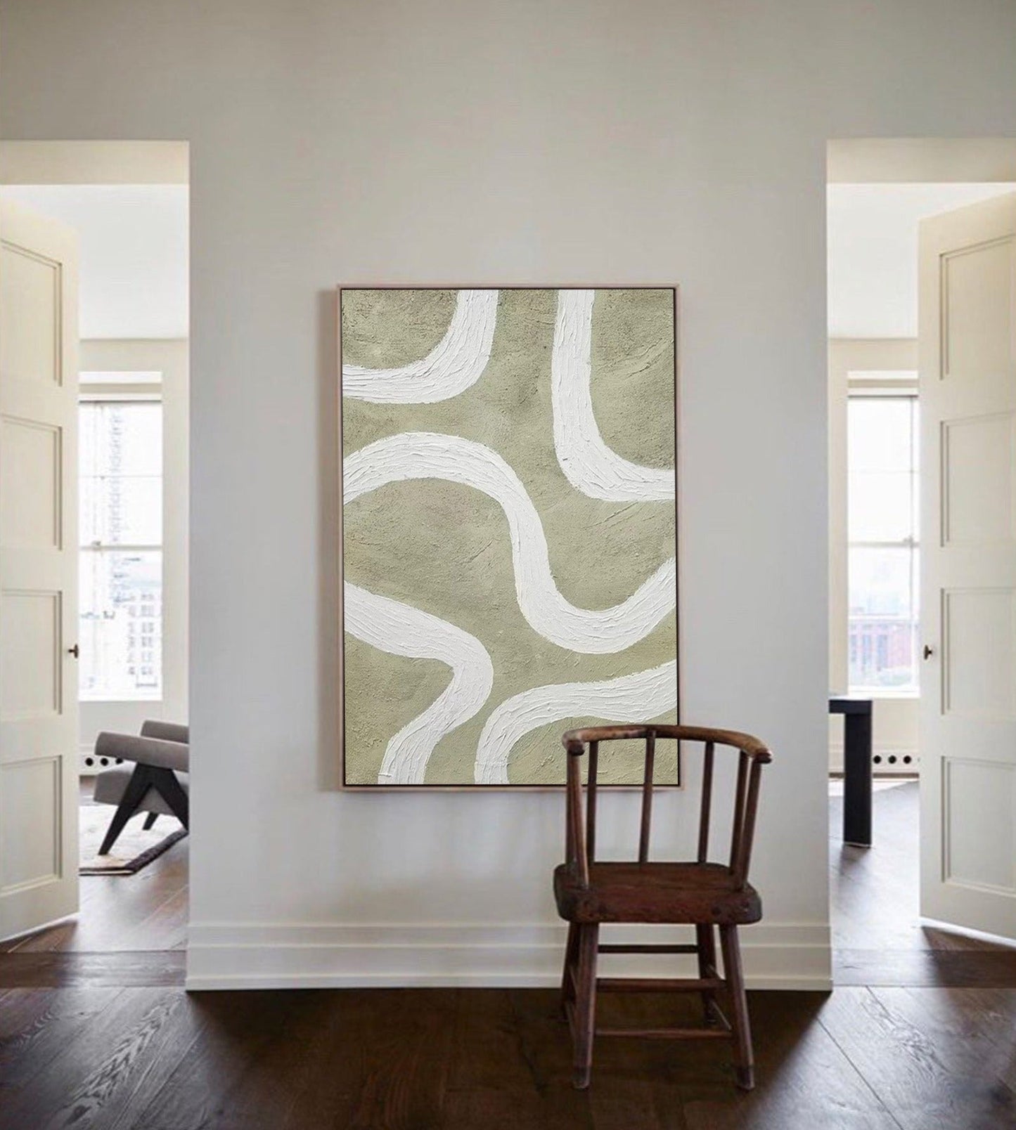Modern Minimalist Line Art Painting with Abstract White Curves on Earthy Background