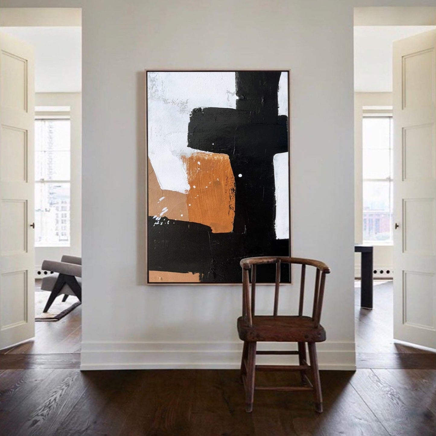 Modern Minimalist Abstract Oil Painting in Black, White, and Copper Tones