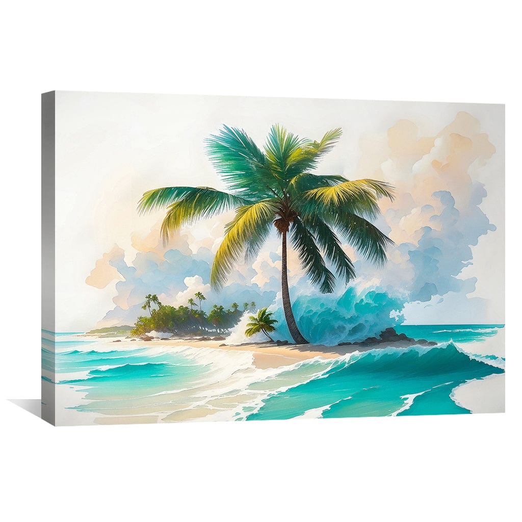 Tropical Paradise Oil Painting with Palm Trees and Ocean Waves