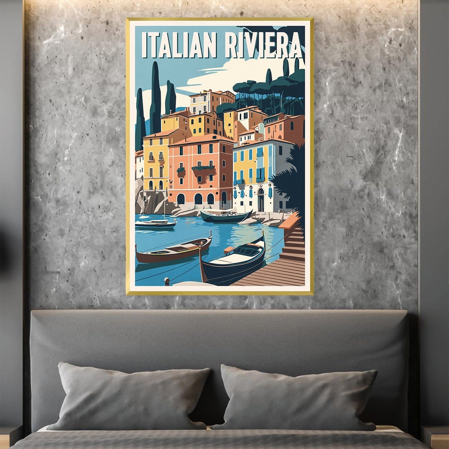 Charming Italian Riviera Coastal Scene Oil Painting for Home Decor