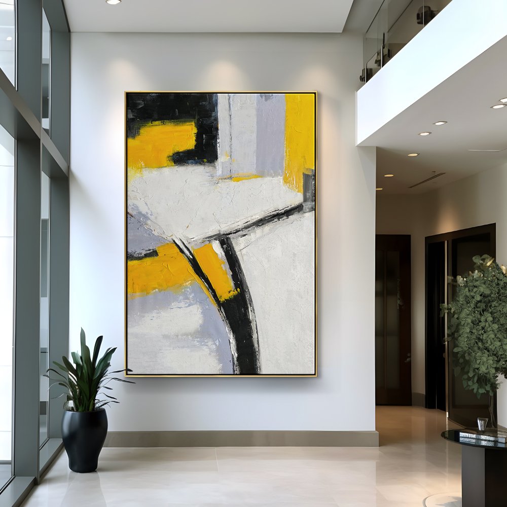Abstract Yellow and Black Oil Painting for Modern Home Decor