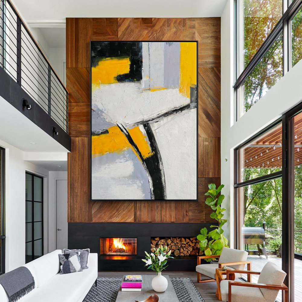 Abstract Yellow and Black Oil Painting for Modern Home Decor