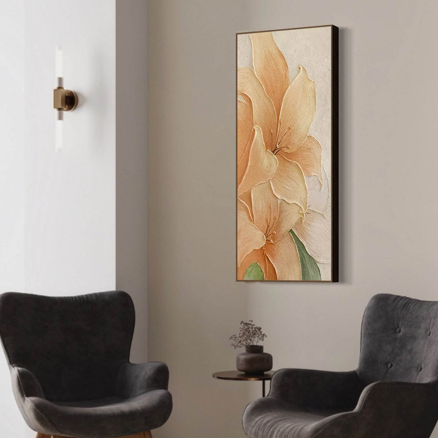 Luminous Floral Oil Painting on Canvas - Elegant Peach Flower Artwork for Home Decor